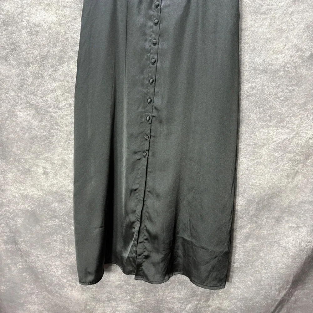 Abercrombie Fitch Black Satin Button Front Midi Slip Dress Size L Smocked Back